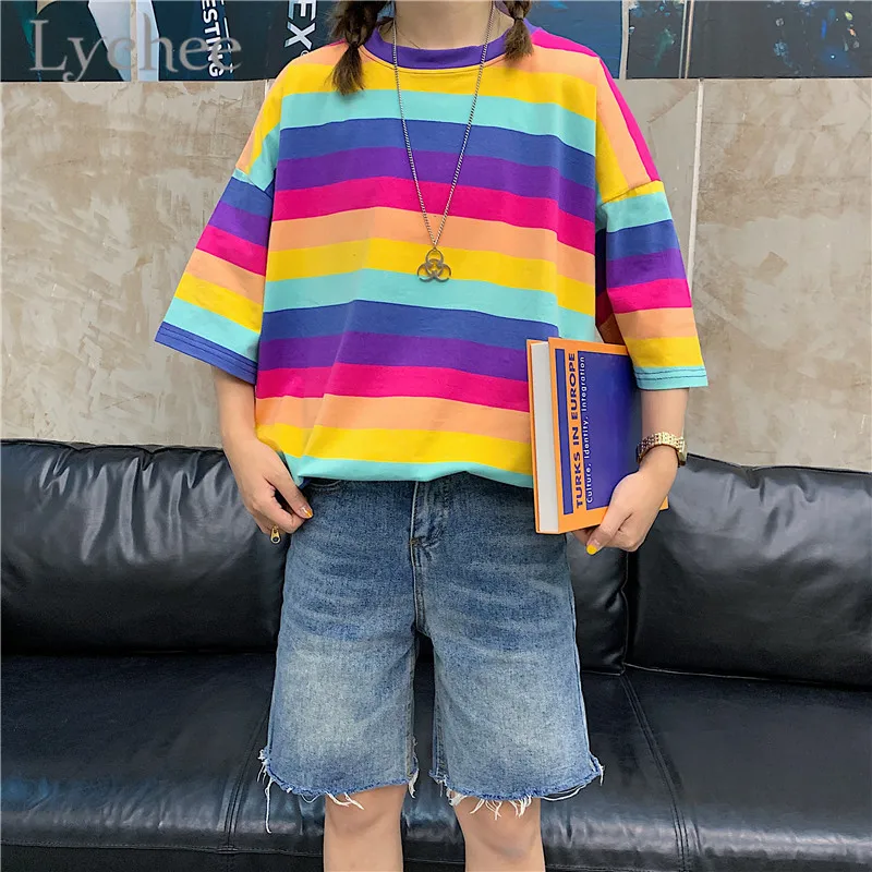 

Lychee Harajuku Rainbow Stripes Women T Shirt O-Neck Short Sleeve Oversize Female Tshirts Multicolor Top Tees