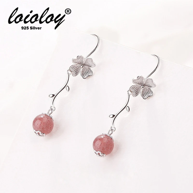 

Genuine 925 Silver Strawberry Quartz Aquamarine Clover Drop Earrings Gemstone Wedding Engagement Jewelry For Women Gifts