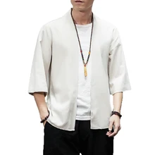 Мужские рубашки, кардиган, мужское кимоно, традиционная открытая стежка, мужская рубашка с рукавом три четверти, Harajuku, хлопковая льняная рубашка, Прямая поставка