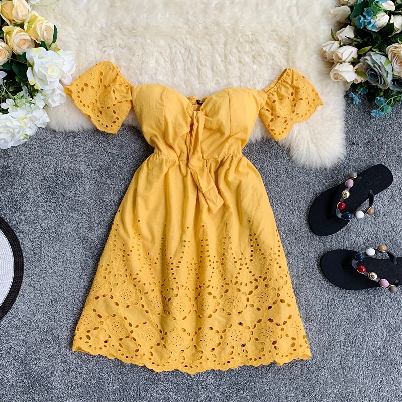 Женское пляжное мини платье ALPHALMODA желтое с подкладкой рукавами фонариками и