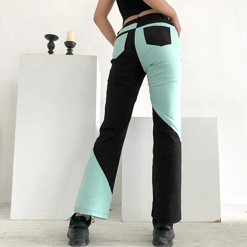 Rapwriter повседневные панельные Лоскутные Длинные расклешенные брюки с высокой талией для женщин осенние облегающие длинные брюки с карманами