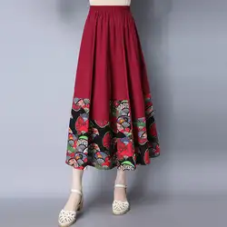 Лоскутная винтажная Этническая миди юбка женская хлопковая льняная плиссированная юбка с высокой талией тонкая женская Всесезонная
