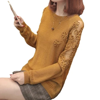 

2018 New Arrival Sping Autumn Women O-Neck Knitted Tops Ladies Mesh Hollow Long Sleeve Casual Knitted Sweater Pullover F391