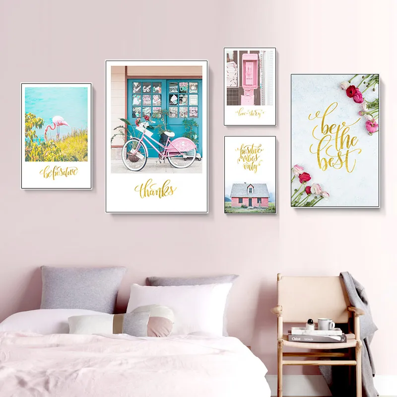 

Scandinavian Style Landscape Canvas Poster Nordic Home Decoration Pink Flamingo Bike Wall Art Print Painting Decorative Picture