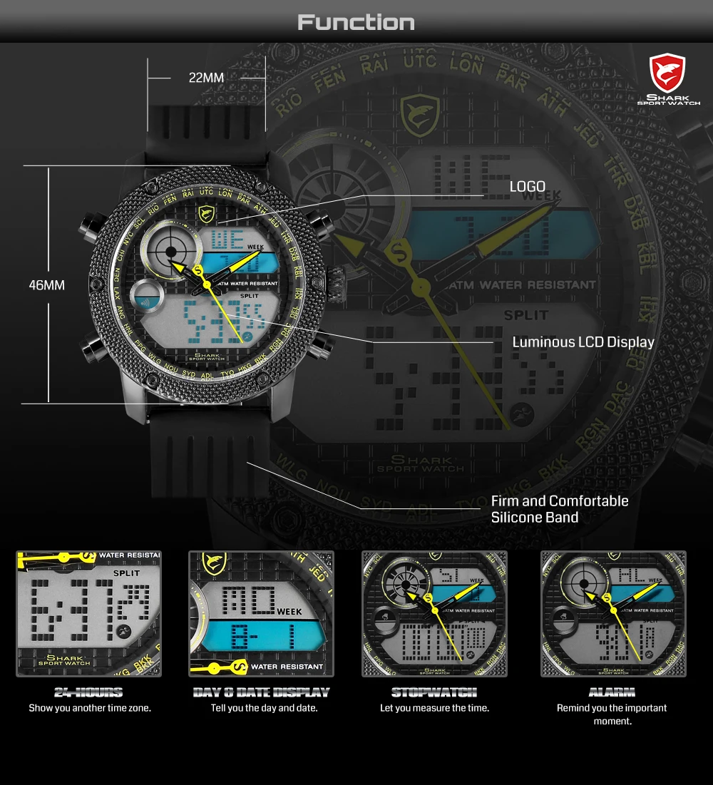 Часы с акулой Porbeagle спортивные часы Календарь Будильник lcd цифровой силиконовый ремешок дизайн желтые стрелки кварцевые часы Relogio Masculino часы