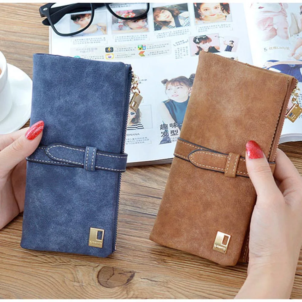 

2018 New Fashion Women Wallets Drawstring Nubuck Leather Zipper Wallet for Women's Long Design Purse Two Fold More Color Clutch