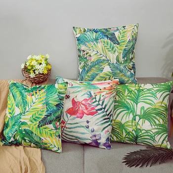 

45*45cm Fashion Flower Decorative Pillowcase Rectangle Throw Pillow Case Linen Green Leaves Cushion Cover For Sofa Cojines