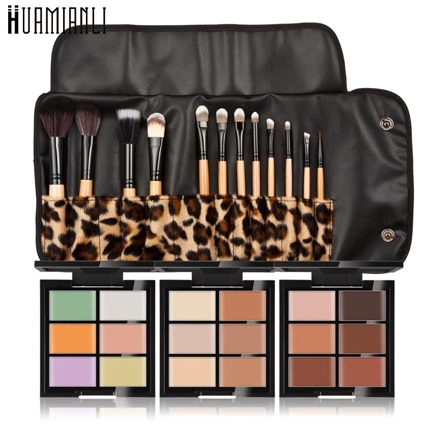 

Huamianli Cosmetic Makeup Set 6-Color Concealer Foundation Primer+12pcs Leopard Printed Makeup Brushes 161124 Drop Shipping S22