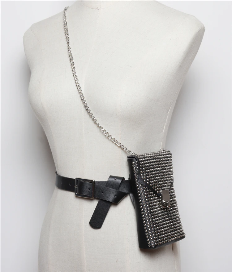 New Design Women Waist Belt Packs With Phone Bag Punk Rivet Studded Street Fanny Packs Female Chain Shoulder Crossbody Bags