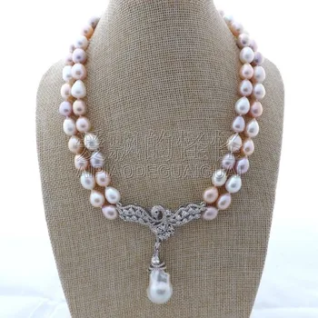 

N080113 18"-19'' 2 Rows Multi Color Rice Pearl Necklace CZ Pendant