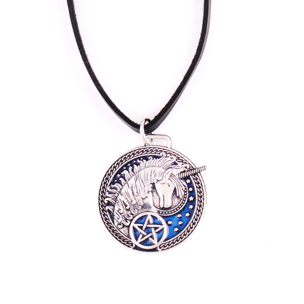 

Leather Chain Cool Special Unicorn Pentagram Talisman Amulet Blue Enamel Zinc Alloy Magic Style Cheap Price Provide Dropshipping