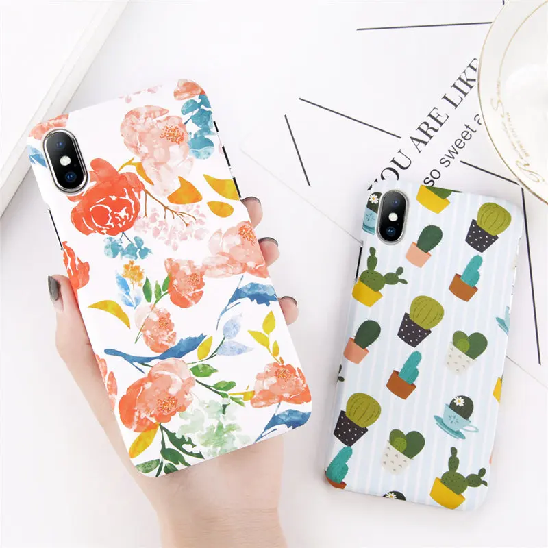 USLION Green Cactus Case For iPhone 7 6 6S Plus Flower Cartoon Animal Phone Cases For iPhone X 8 Plus Matte Hard PC Back Cover