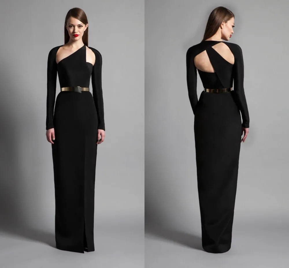 cheap Black Modest Spandex Evening Gowns With Long Sleeves Straight ...