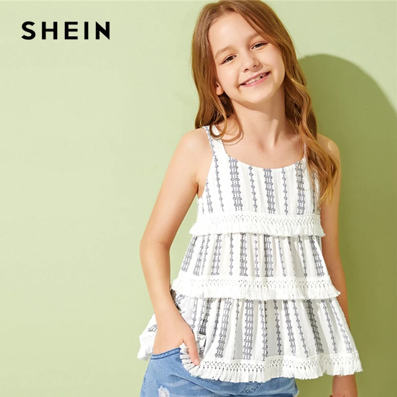 SHEIN Kiddie/белая кружевная многослойная блузка с бахромой для девочек топы для детей, лето 2019, праздничные геометрические блузки без рукавов