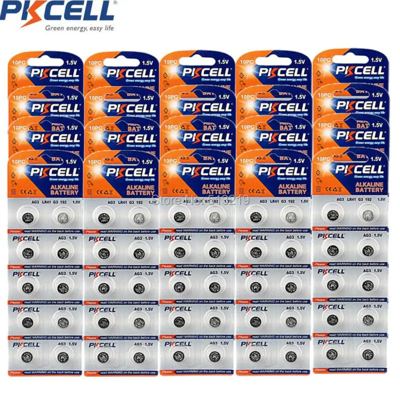 

200Pcs/20Card PKCELL 1.5V AG3 Button battery LR41 LR192 V3GA SR41 192 392 SR736 Alkaline Button Coin cell Watch Batteries