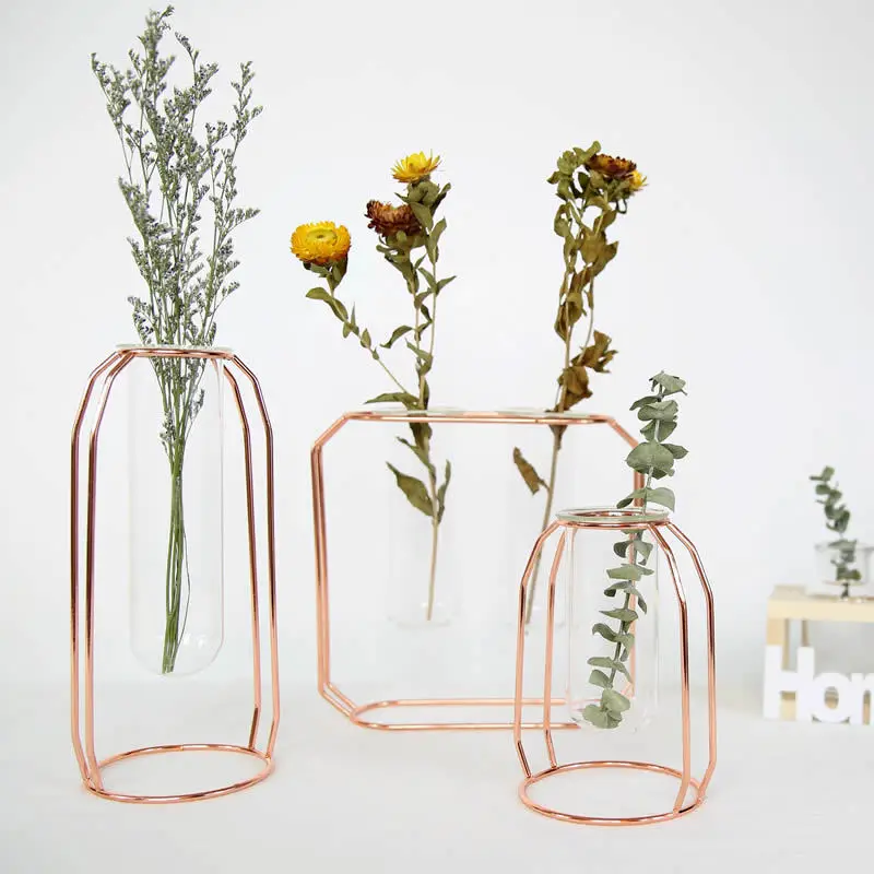 Online 1 satz Nordic Stil Glas Eisen Kunst Vase Rose Gold Kreative Hängen Reagenzglas Vase Hause Büro Dekoration Weihnachten Geschenk