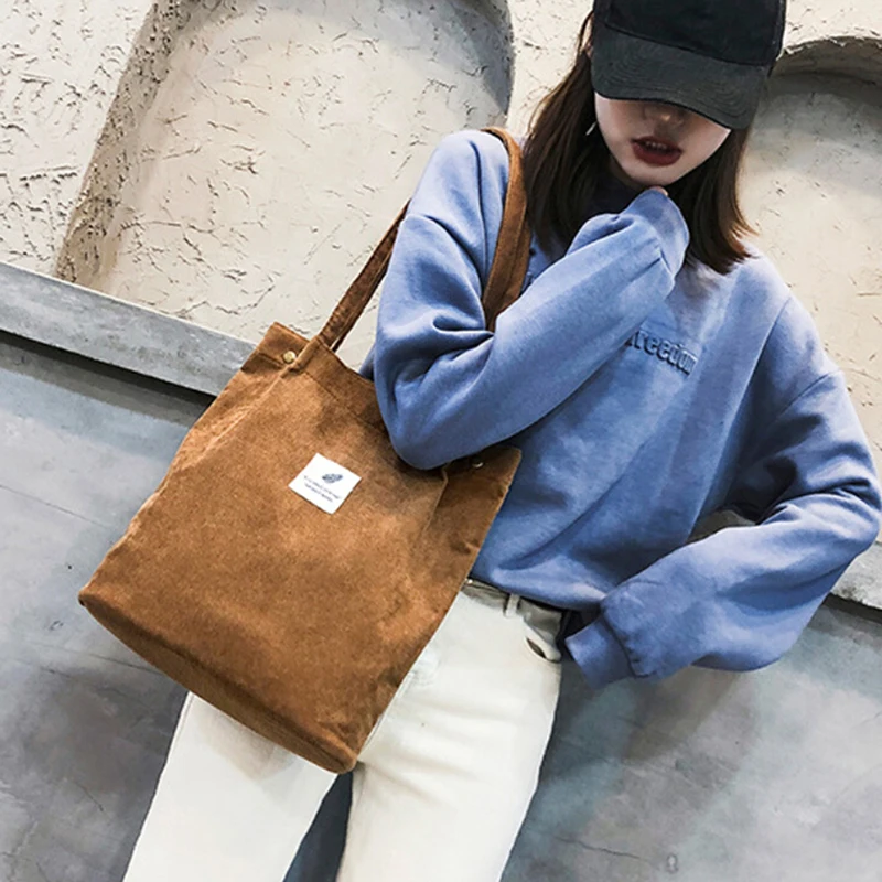 Однотонные вельветовые сумки на плечо Экологичная Сумка Для Покупок Сумка сумки через плечо сумочки повседневная женская сумка