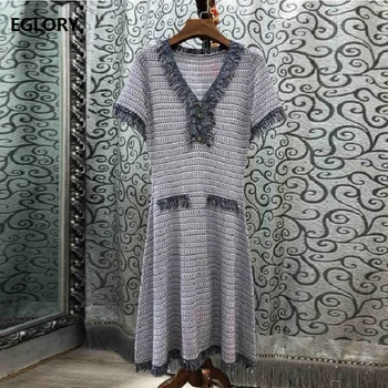 

Tassel Sweater Dress 2019 Summer Autumn Vintage Knitted Dress Women V-Neck Vintage Buttons Short Sleeve Casual Jumper Dress