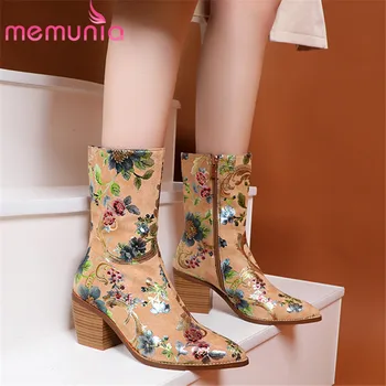 

MEMUNIA 2020 new fashion women ankle boots flock print pointed toe high heels boots zip autumn winter woman boots big size 44