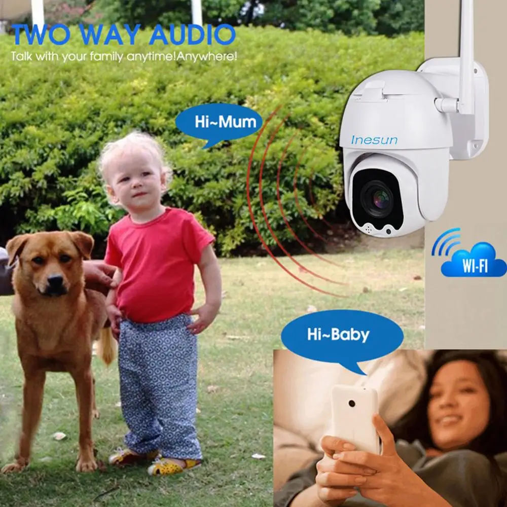Inesun PTZ WiFi Camera Outdoor 2MP HD 1080P Security IP Camera WiFi 4X Zoom PTZ Camera Two Way Audio 165ft Night Vision Max 128G