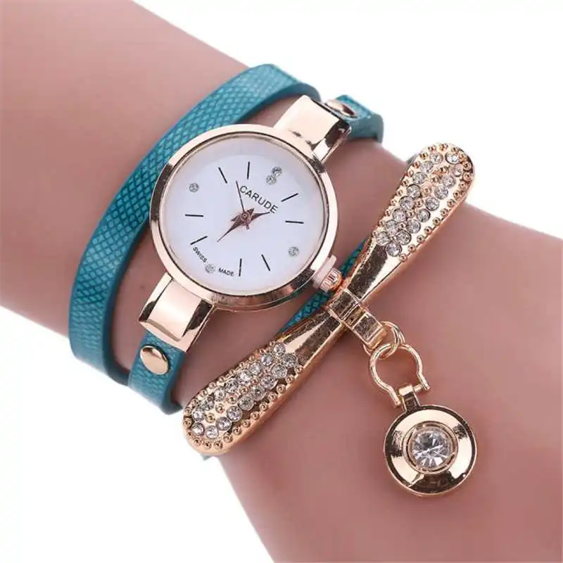 Новинка 1 шт женские кожаные Стразы, аналоговые кварцевые наручные часы, модные женские часы-браслет#2d6