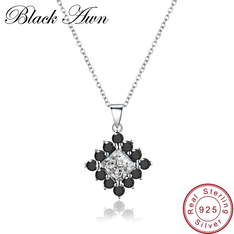 

[BLACK AWN] Genuine 925 Sterling Silver Necklace for Women Square Black Spinel Necklaces Pendants Sterling Silver Jewelry P004