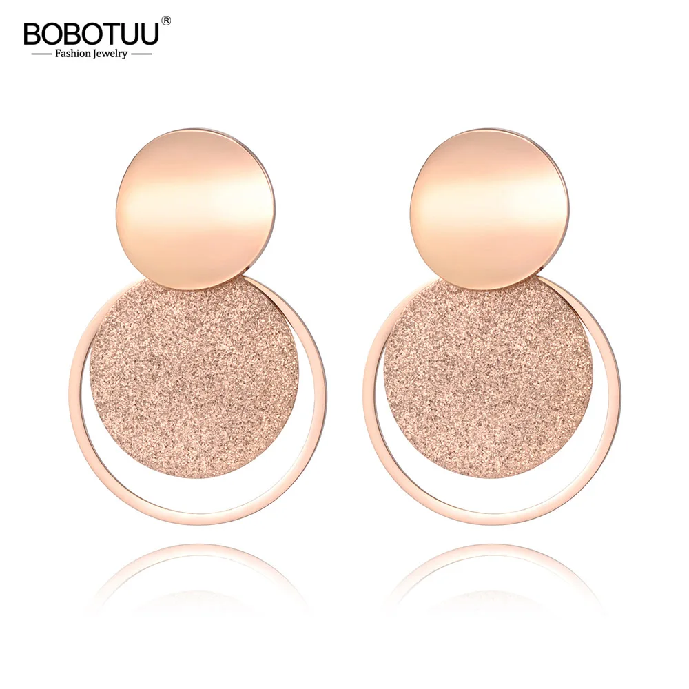 

BOBOTUU Stainless Steel Jewelry Rose Gold Color Frosted Sheet Circle Curved Disc Stud Earrings For Women Christmas Gift BE18446