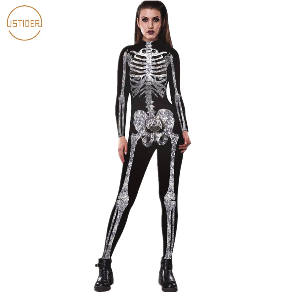 

ISTider Halloween Costume 3D Skeleton Jumpsuit Women Autumn Winter Long Sleeve Slim Bodysuit Sexy Tight Nightclub Rompers