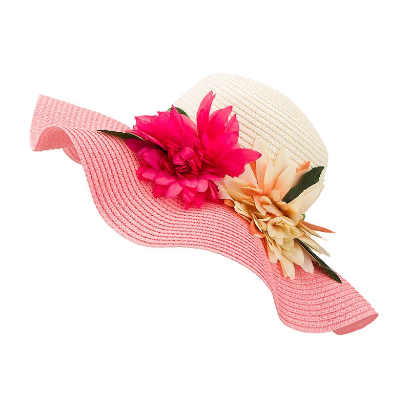 Flower Large Brim Floppy Straw Hat Women Contrast Summer Traveling Beach Sun Hats Fashion Leisure Big Brimmed Wavy Caps CP0205 (5)