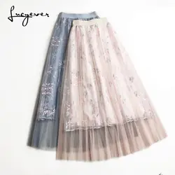 Lucyever модные длинные юбки для женщин Вышитые Высокая талия цветочный узор сетчатая юбка Пляжная музыка вечерние элегантный фестиваль