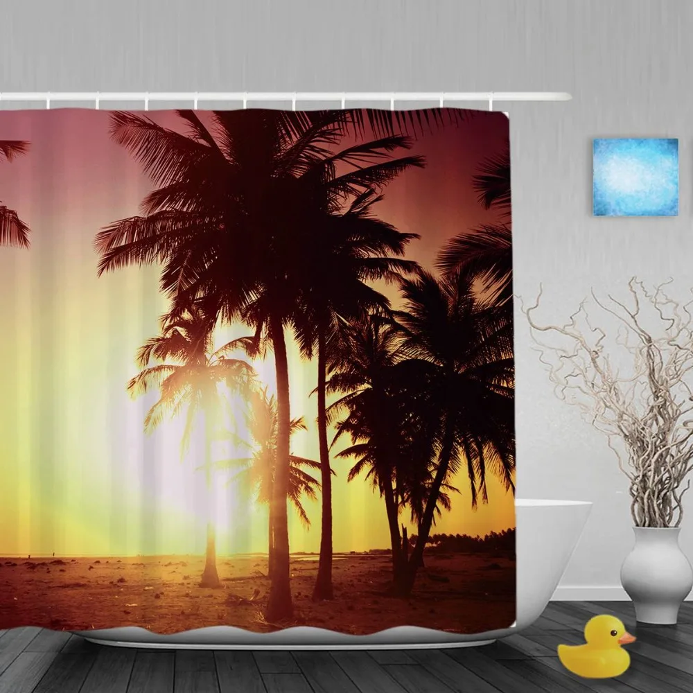Coconut Trees In Sunset Bathroom Shower Curtains Beautiful Nature