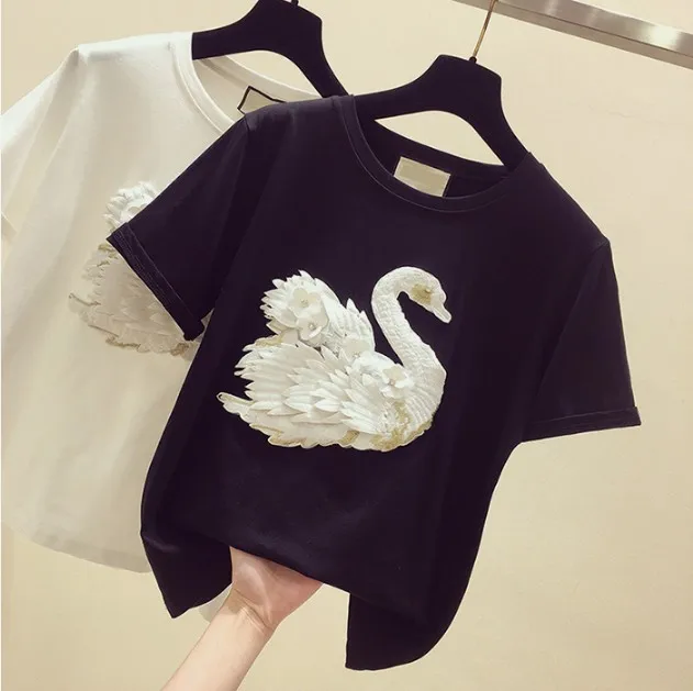 

2019 Spring and Summer White T-shirt Women's Short Sleeve Swan Embroidery Pullover Shirt Students All-match Basic Tops