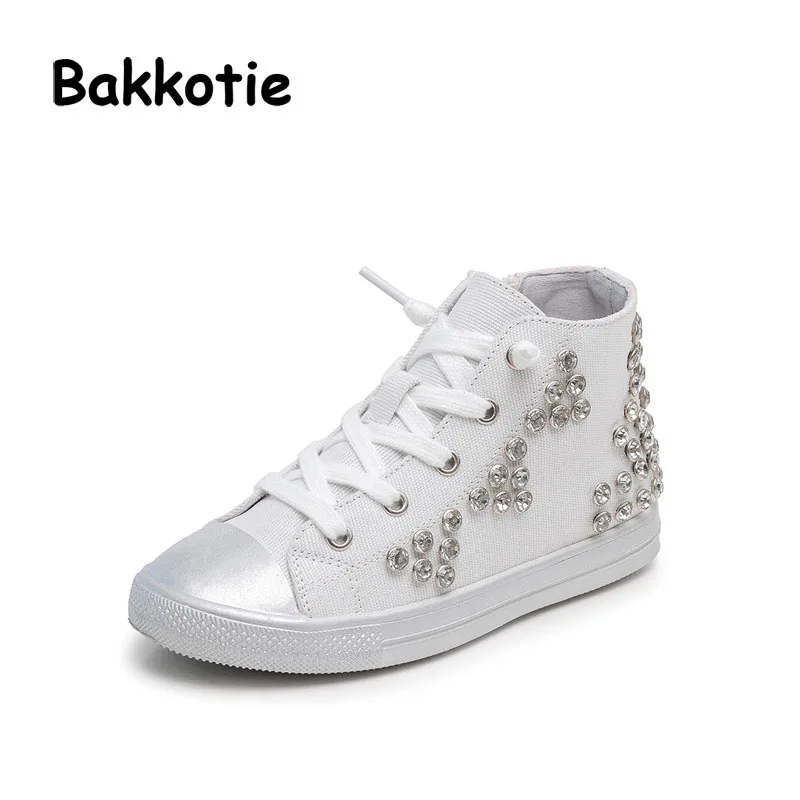 Bakkotie 2017 New Autumn Baby Girl White Shoe Rhinestone Canvas Kid Leisure Sneaker High Top Breathable Child Trainer Toddler bakkotie 2017 new autumn baby boy white shoes cat kid girl brand leisure sneaker gneuine leather breathable child soft trainer