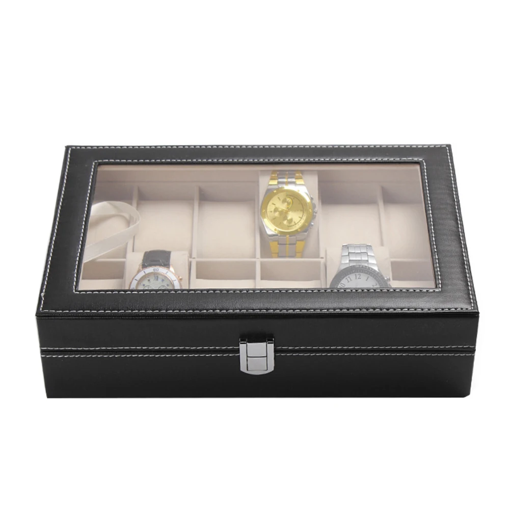 Модные искусственная кожа 12 Сетки Jewelry часы-кольцо случае отображения коробка для хранения Организатор