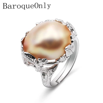 

BaroqueOnly 925 Silver natural freshwater pearl 14-18mm high gloss mixed colour Baroque Pearl Ring, Women Gifts RC-1 adjustable