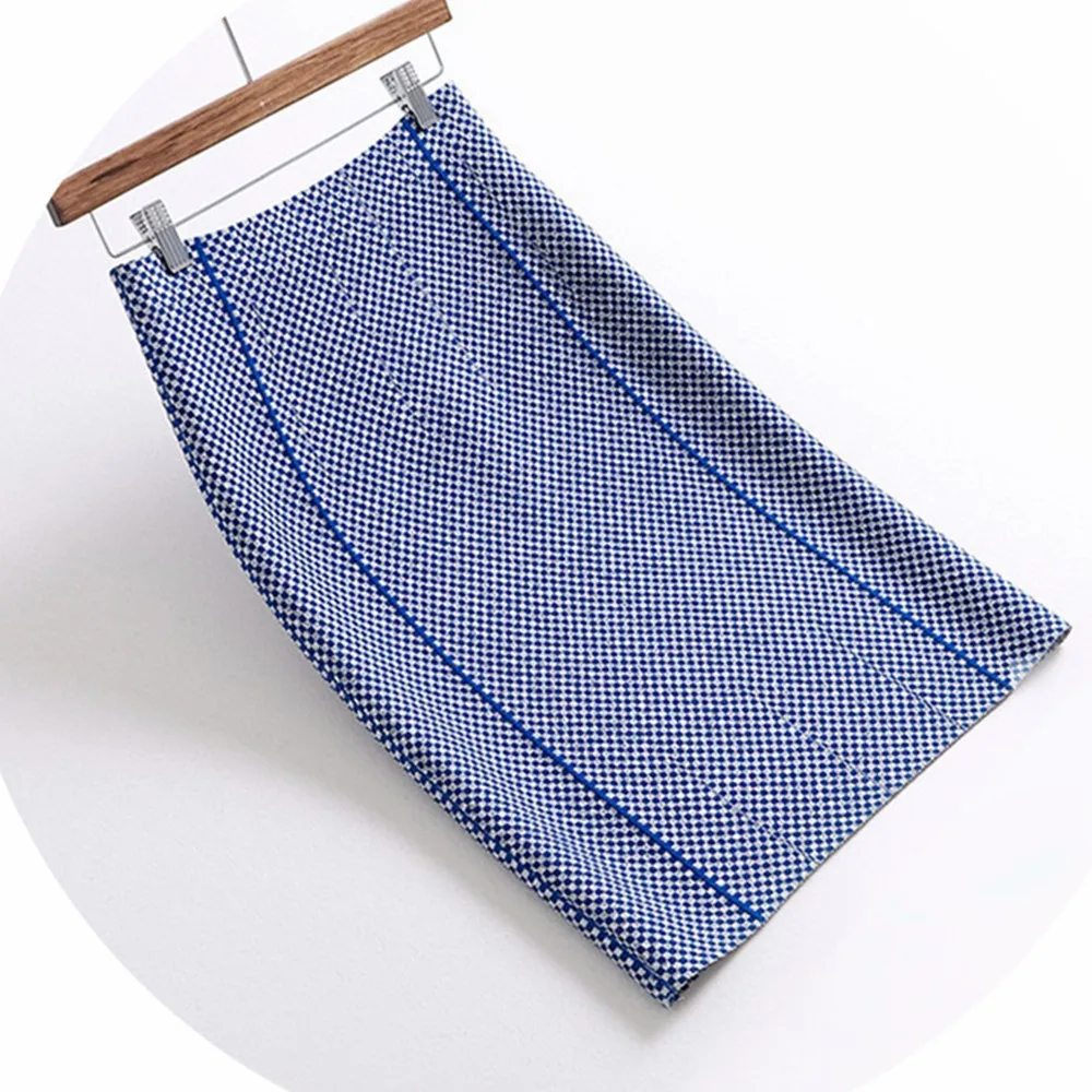 

GTGYFF autumn winter stretch high waist a-line warm knitted plaid skirt for women blue purple black womens skirts knit saias