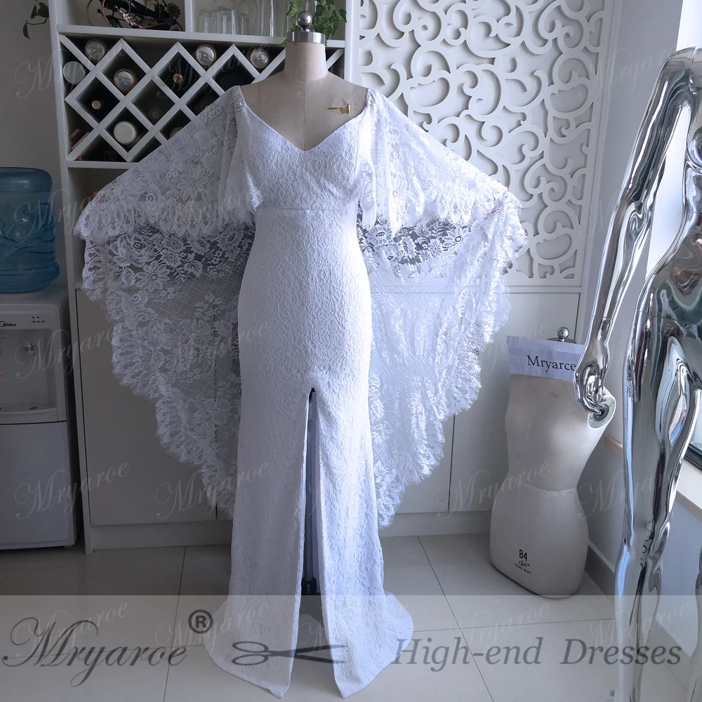 Mryarce New Unique French Lace Bohemian Wedding Dresses Open Back Front Slit Boho Chic Bridal Gowns With Cape  (5)