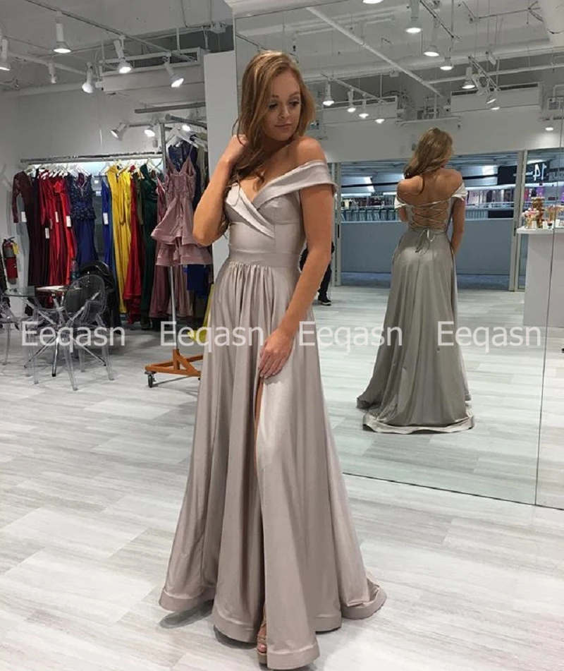 Robe soiree вечернее платье серебряный с плечевой корсет с Боковым Разрезом стрейч-сатин А-силуэт Вечерние платья Вечернее платье для женщин