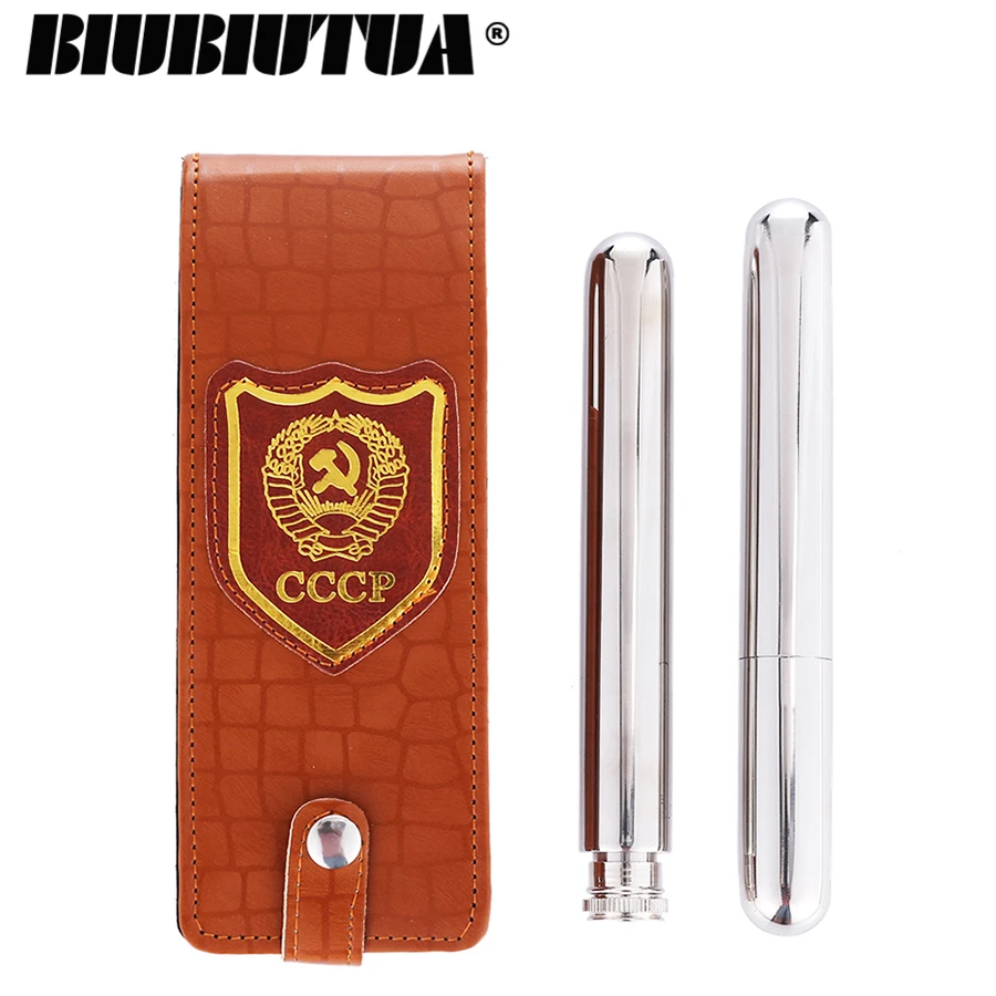 

BIUBIUTUA Stainless Steel 2in1 Double Pipe Alcohol Tube With Cigar Tube Alcohol Tube CCCP Leather Holster Buckle 2OZ Hip Flask