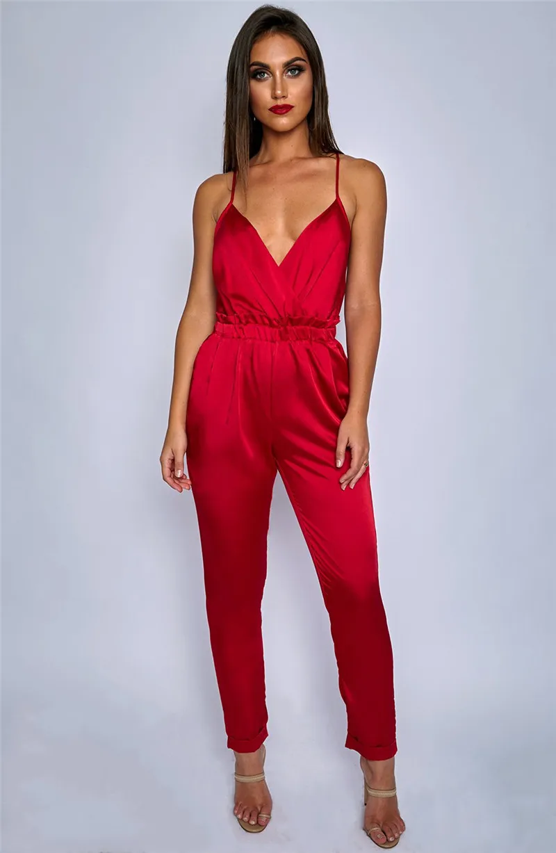 DRESSMECB пикантные спагетти брючный костюм с бретельками для женщин длинный комбинезон элегантный выдалбливают повседневное Глубокий V летн
