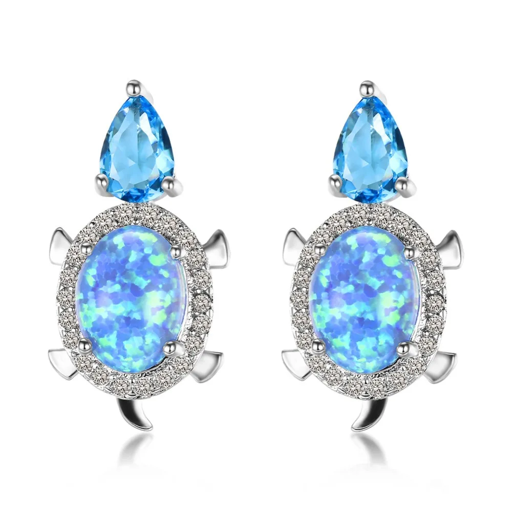 Круглый пузырь Синий/Белый огненный опал светящиеся CZ черепаха серьги гвоздики Brincos 925 серебряные серьги