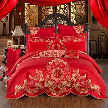 

Luxury Embroidery Royal peony bedding set 4PCs(1 duvet cover+1 flat sheet+2 pillowcase)wedding Satin cotton Jacquard bed linen