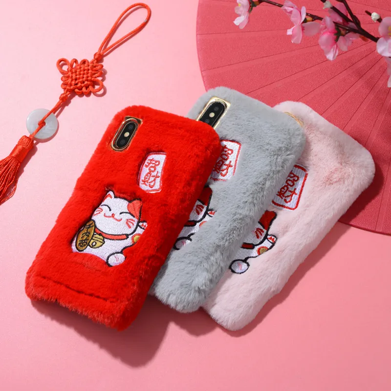 Cute Fluffy Rabbit Fur Warm Case For iPhone Xr Xs Max X Cases Lucky Cat