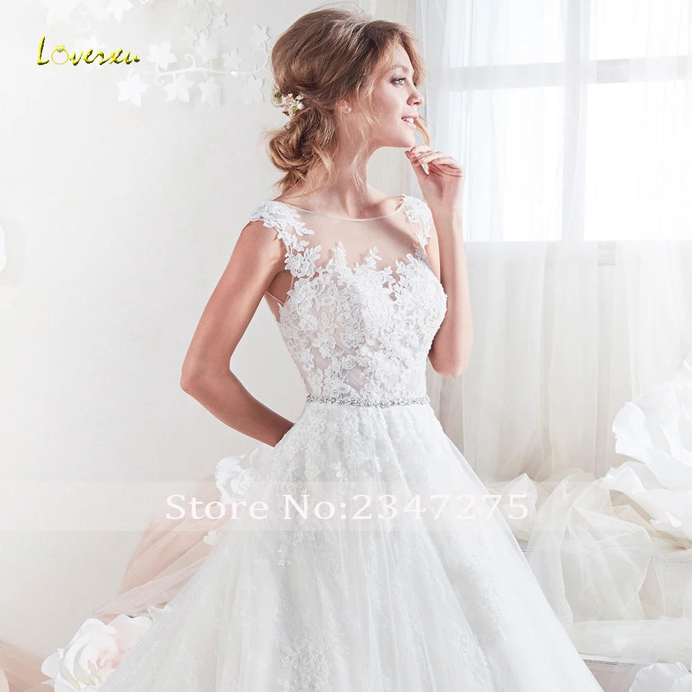 Loverxu Vestido De Noiva сексуальное свадебное платье трапециевидной формы с аппликацией, вышитый бисером короткий рукав со шлейфом, кружевное свадебное платье