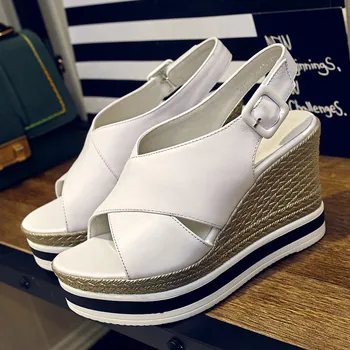 

women's genuine leather cross strap high heel sandals wedge platform summer ladies comfortable pumps high qualitz shoes women