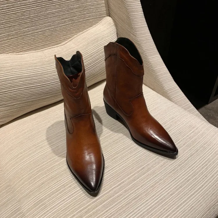 

MLJUESE 2020 women ankle boots cow leather slip on vintage pointed toe autumn spring brown color high heels boots women boots
