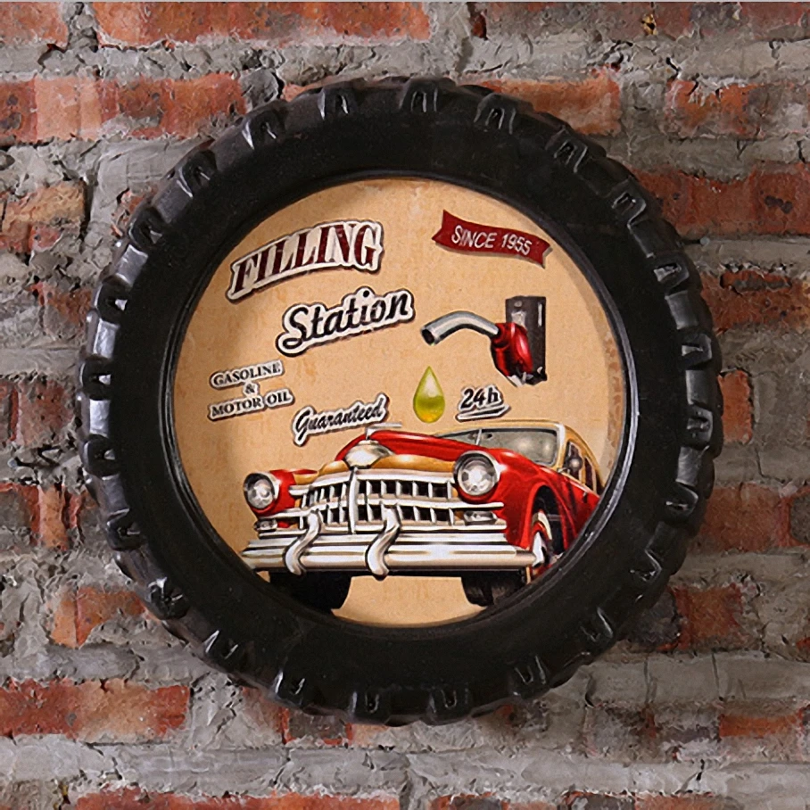 

Gas Station Large Car Tires MDF Foaming Sign Vintage Wood Painting Cafe Bar Decor Retro Mural Poster Wall Sticker 40X40X7 CM
