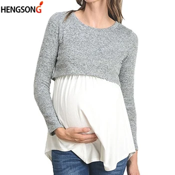 

gray and white patchwork casual pregnant women tees tops long sleeve vintage simple style o-neck t-shirt ladies solid color