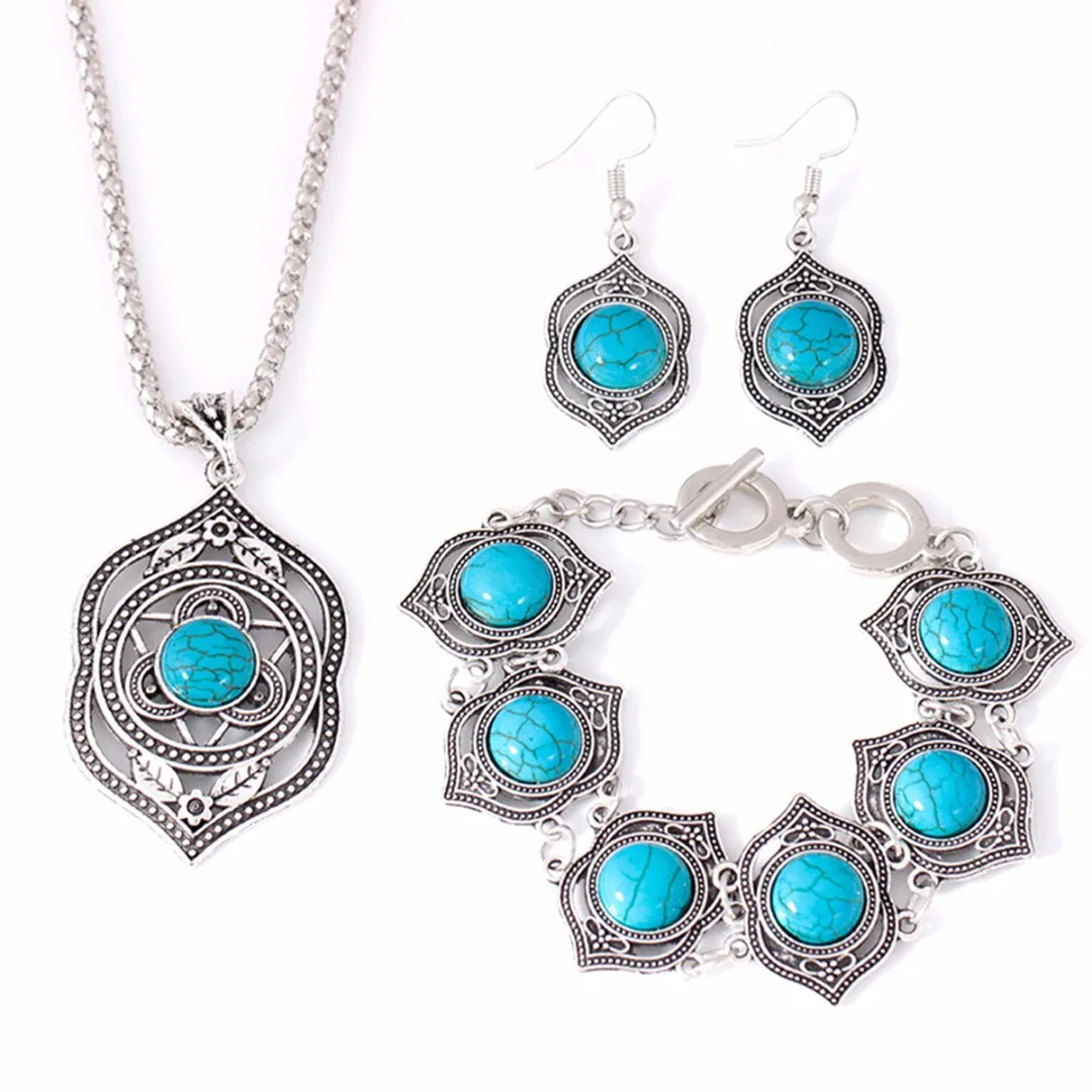 Retro Ethnic Natural Green Stone Pendant Necklace Bracelet Dangle Earrings Jewelry For Women Beach Wedding Jewelry Shellhard