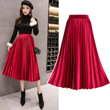 Зимние женщины Элегантные Плиссированные Юбка Эластичные высокой талии Женщины Длинная юбка Женщины Осень дамы Высокое качество юбки юбки Saia юбка женская юбки джинсовая юбка женские